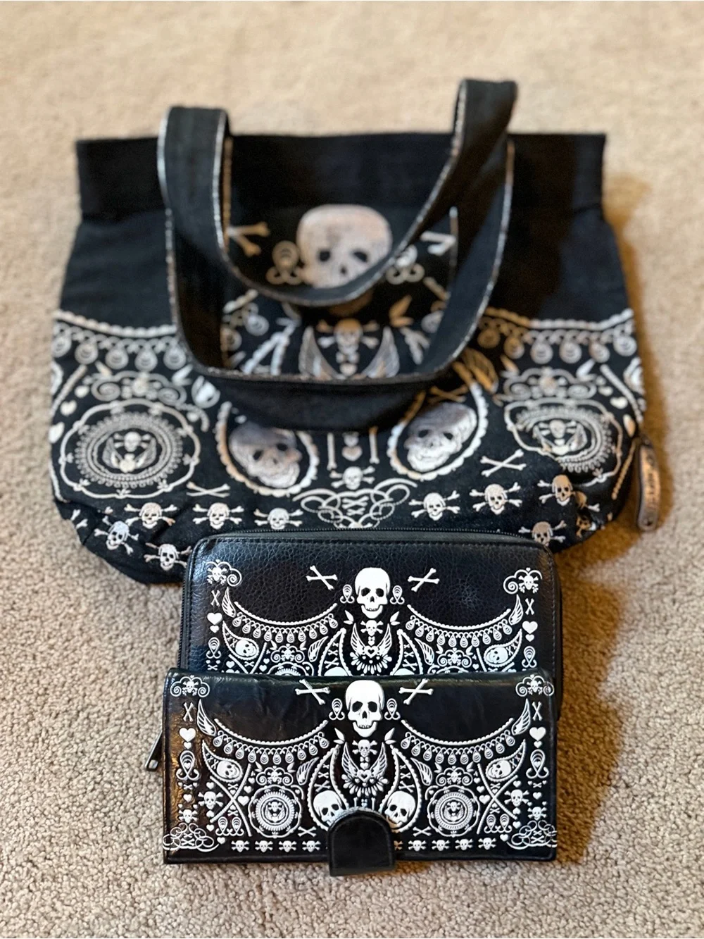 Loungefly Black Skull Pattern Tote Bag & two different style wallets that match